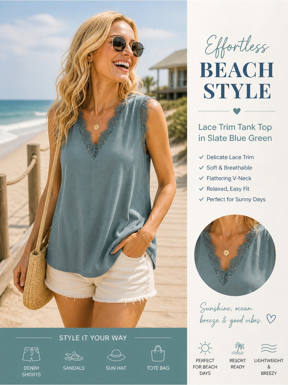 Sleeveless V-Neck Lace Trim Tank Top - Slate Blue Green size Large